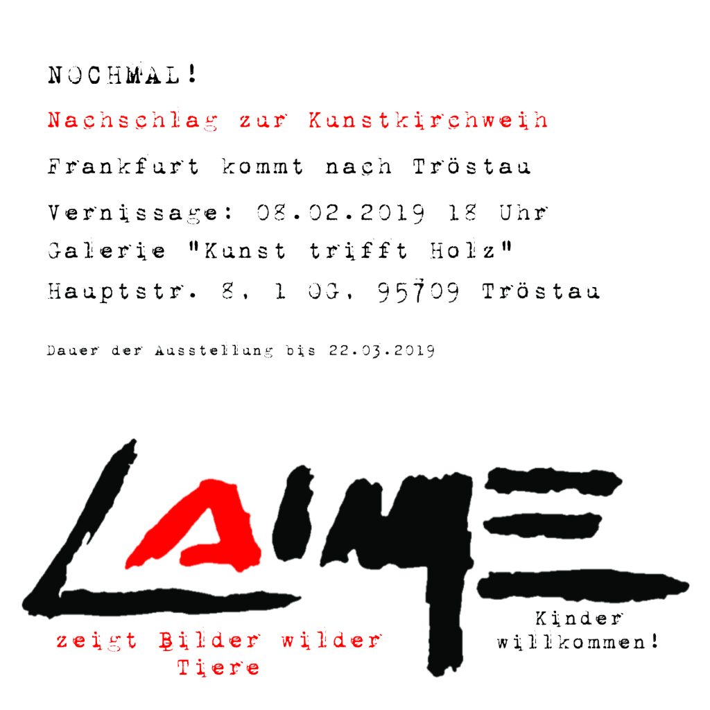 Flyer zur Ausstellung von Arturo Laime, einem peruanischen Maler. Der Ankündigungstext ist in Schreibmaschienen-Schriftart gehalten und der digitalisierte Schriftzug der Künstlers befindet sich am unteren Ende des Flyers über die ganze Breite.